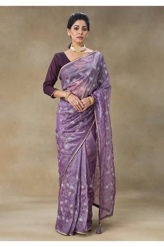 Lavender Embroidered Net Saree With Blouse Piece