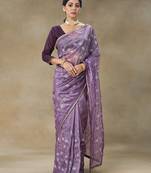 Lavender Embroidered Net Saree With Blouse Piece