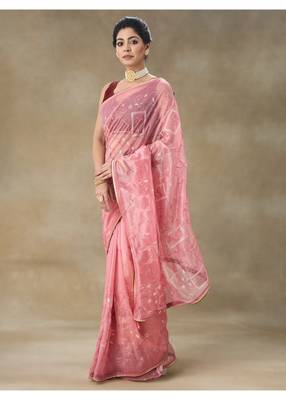 Pink Embroidered Net Saree With Blouse Piece 5