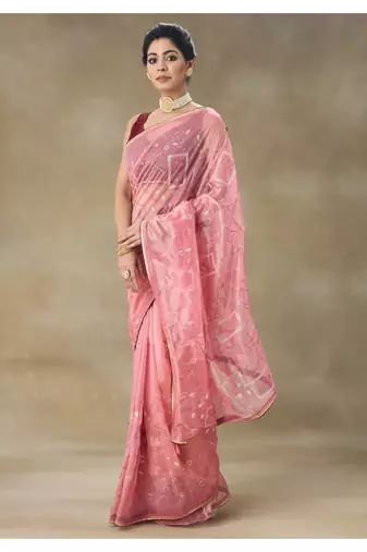 Pink Embroidered Net Saree With Blouse Piece