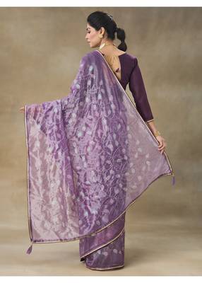 Lavender Embroidered Net Saree With Blouse Piece 2