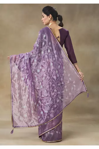 Lavender Embroidered Net Saree With Blouse Piece