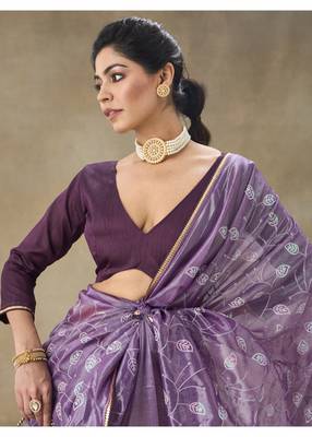 Lavender Embroidered Net Saree With Blouse Piece 3