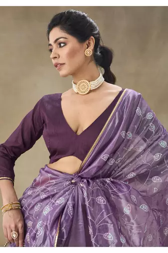 Lavender Embroidered Net Saree With Blouse Piece