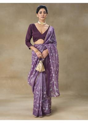 Lavender Embroidered Net Saree With Blouse Piece 5