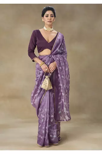 Lavender Embroidered Net Saree With Blouse Piece