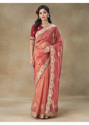 Rust Embroidered Net Saree With Blouse Piece 1