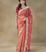 Rust Embroidered Net Saree With Blouse Piece