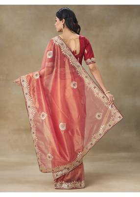 Rust Embroidered Net Saree With Blouse Piece 2