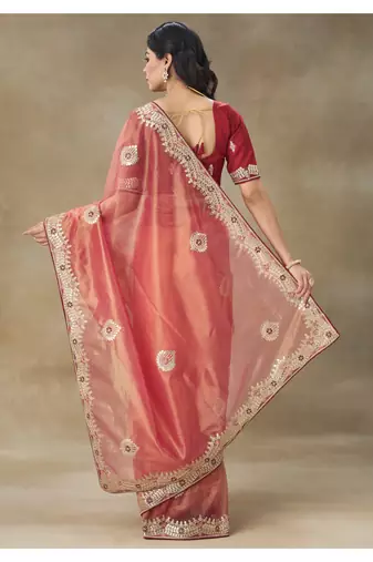 Rust Embroidered Net Saree With Blouse Piece