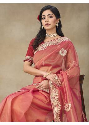 Rust Embroidered Net Saree With Blouse Piece 3