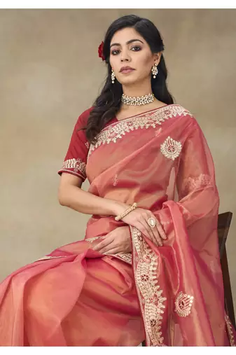 Rust Embroidered Net Saree With Blouse Piece