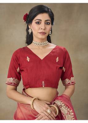 Rust Embroidered Net Saree With Blouse Piece 4