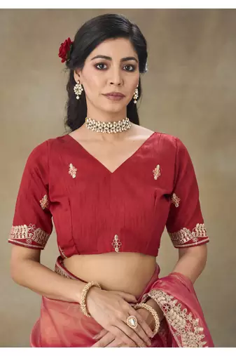 Rust Embroidered Net Saree With Blouse Piece