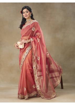 Rust Embroidered Net Saree With Blouse Piece 5