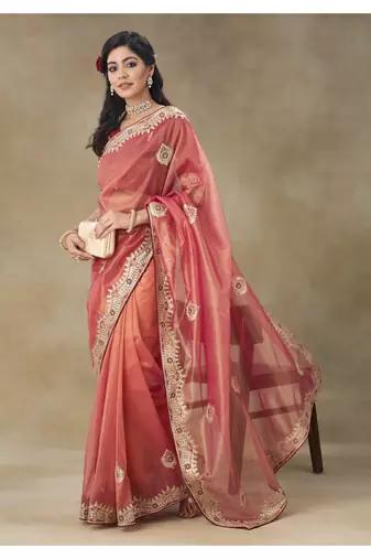 Rust Embroidered Net Saree With Blouse Piece