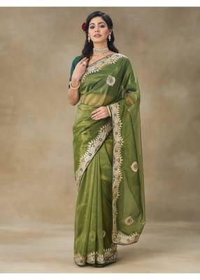 Green Embroidered Net Saree With Blouse Piece 1