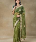 Green Embroidered Net Saree With Blouse Piece