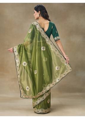 Green Embroidered Net Saree With Blouse Piece 2