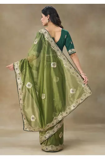 Green Embroidered Net Saree With Blouse Piece