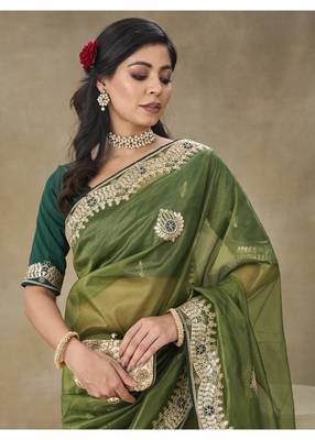 Green Embroidered Net Saree With Blouse Piece 3