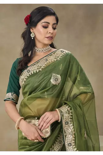 Green Embroidered Net Saree With Blouse Piece
