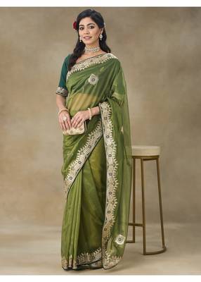 Green Embroidered Net Saree With Blouse Piece 5