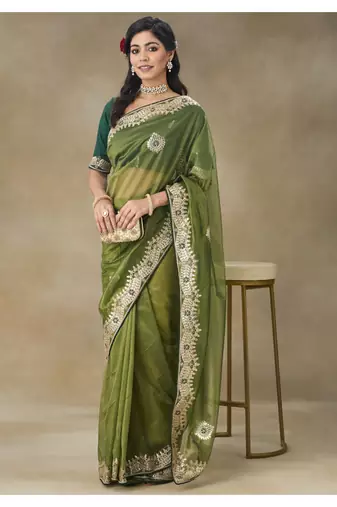 Green Embroidered Net Saree With Blouse Piece