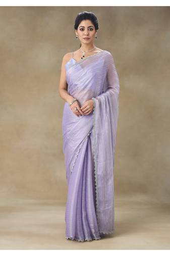 Lavender Embellished Poly Chiffon Saree With Blouse Piece
