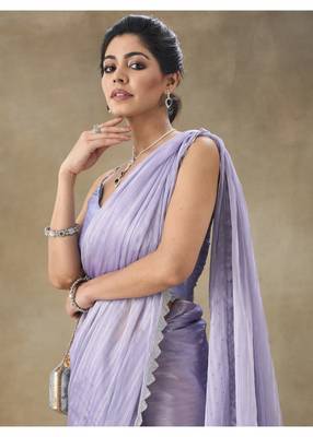 Lavender Embellished Poly Chiffon Saree With Blouse Piece 3