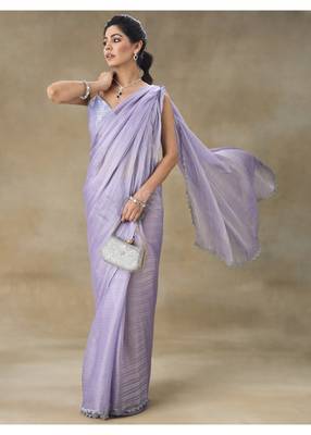 Lavender Embellished Poly Chiffon Saree With Blouse Piece 5