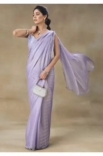 Lavender Embellished Poly Chiffon Saree With Blouse Piece