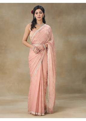 Peach Embellished Pure Crepe Saree With Blouse Piece 1