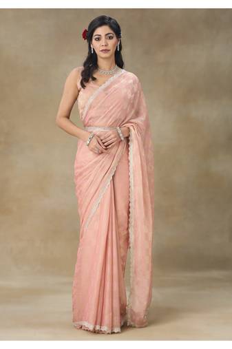 Peach Embellished Pure Crepe Saree With Blouse Piece