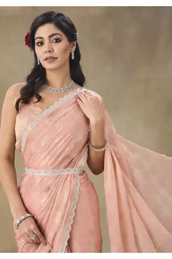 Peach Embellished Pure Crepe Saree With Blouse Piece