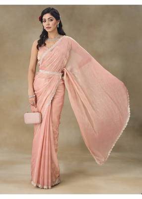Peach Embellished Pure Crepe Saree With Blouse Piece 5
