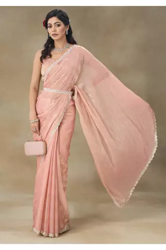 Peach Embellished Pure Crepe Saree With Blouse Piece