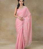 Pink Embellished Pure Crepe Saree With Blouse Piece