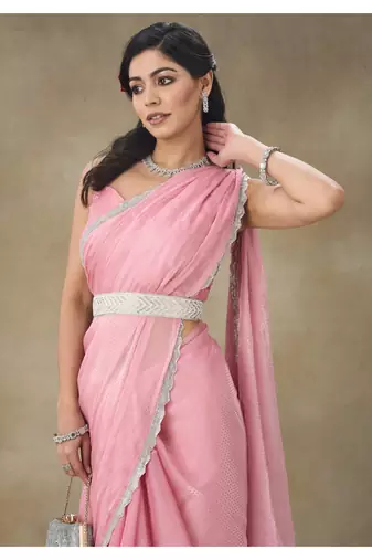 Pink Embellished Pure Crepe Saree With Blouse Piece