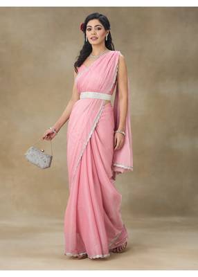 Pink Embellished Pure Crepe Saree With Blouse Piece 5