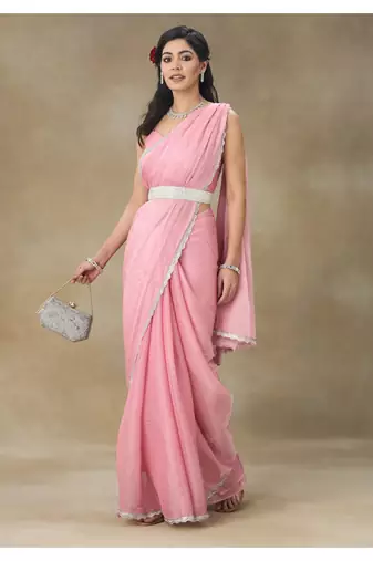 Pink Embellished Pure Crepe Saree With Blouse Piece