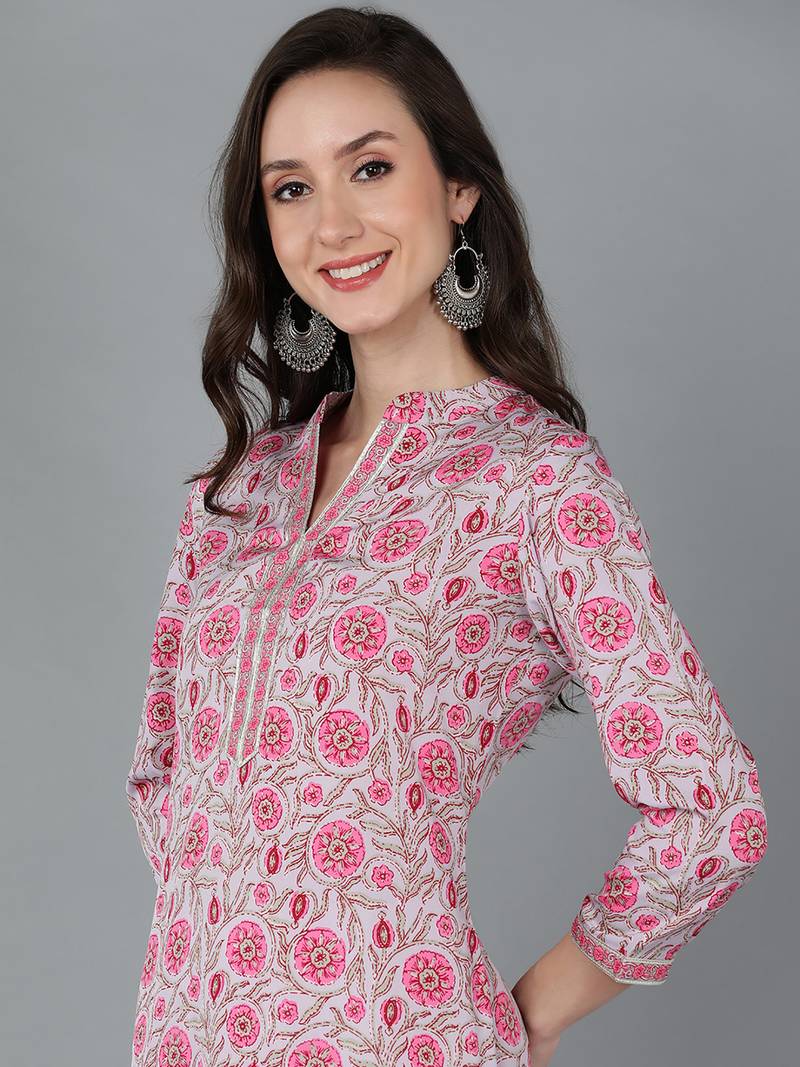 women grey crepe floral printed straight kurta