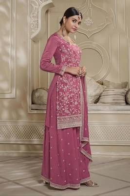 Pink colour chinon fabric heavy embroidery work high class party wear sharara dress 1