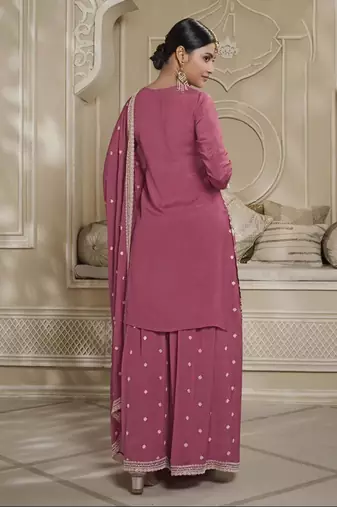 Pink colour chinon fabric heavy embroidery work high class party wear sharara dress