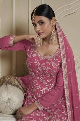 Pink colour chinon fabric heavy embroidery work high class party wear sharara dress 3
