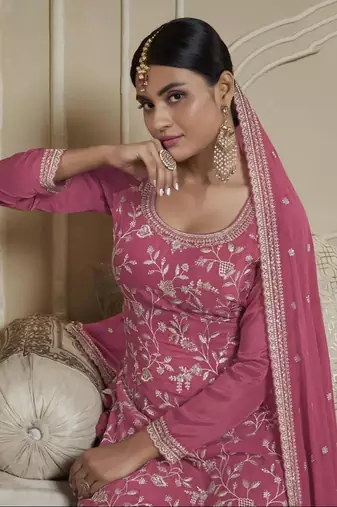 Pink colour chinon fabric heavy embroidery work high class party wear sharara dress
