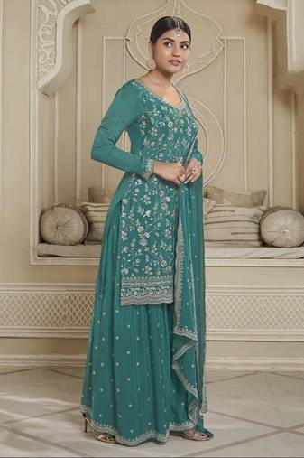 Rama colour chinon fabric heavy embroidery work high class party wear sharara dress