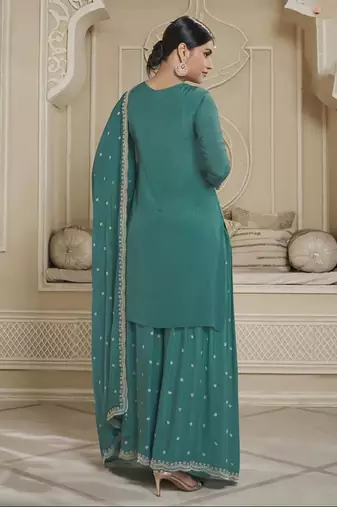 Rama colour chinon fabric heavy embroidery work high class party wear sharara dress