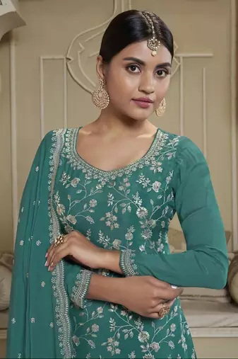 Rama colour chinon fabric heavy embroidery work high class party wear sharara dress
