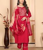 Beautiful red colour vertical silk fabric ethnic embroidered readymade salwar suit